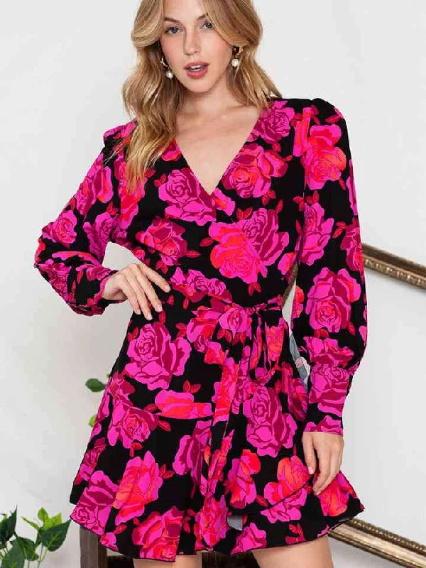 Your Shopping Spree Starts Here!Floral Print Surplice Neck Long Sleeve Dress
