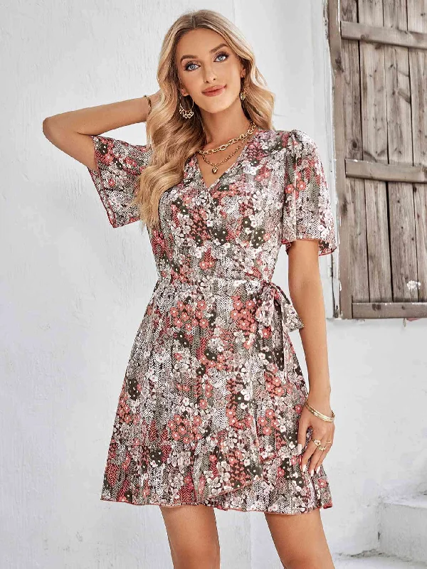 Your Dream Deal is Here!Floral Short Sleeve Ruffle Hem Dress