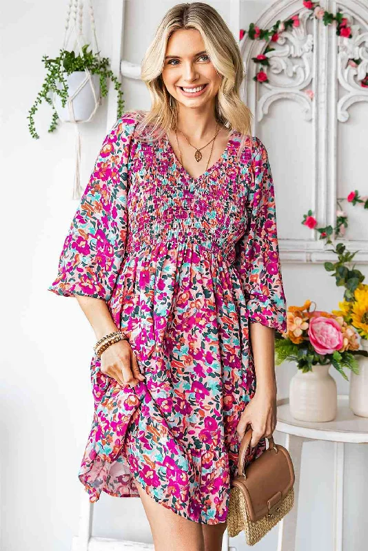 Time to Snag a Bargain!Floral Smocked V-Neck Flounce Sleeve Dress