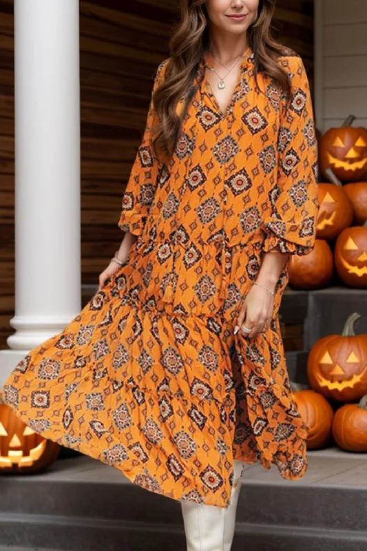 Mega Sale Happening Now!Frill-hem tie neck printed dress
