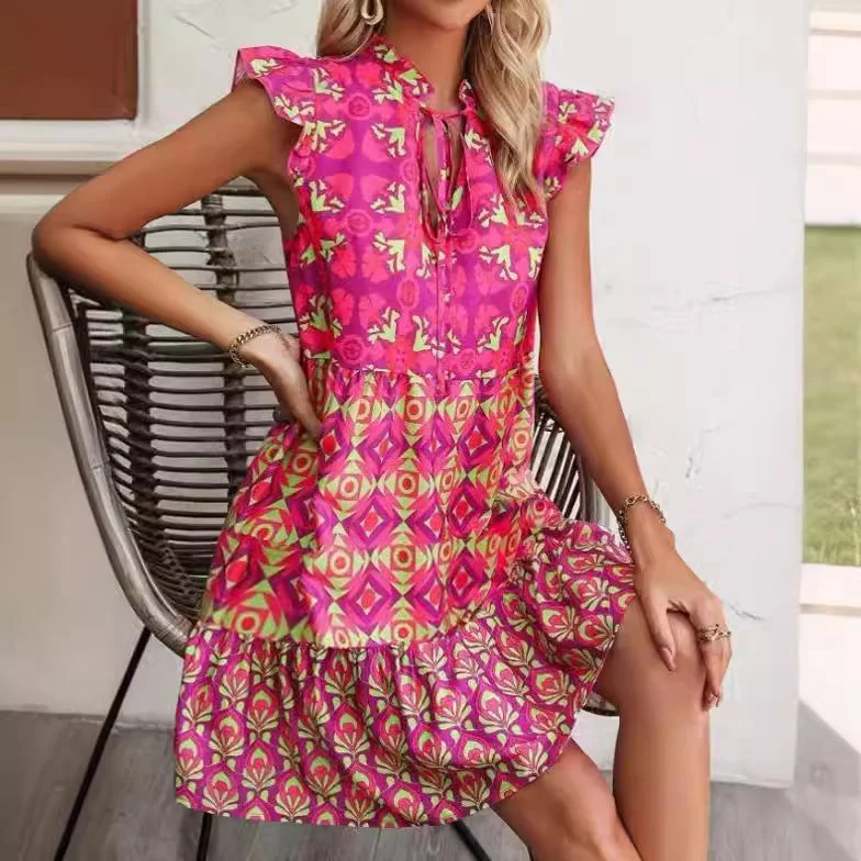 Save Money, Shop Happy!Hot Pink Summer Fashion Lace-up Straight Dresses with V-Neck & Ruffle Flying Sleeves