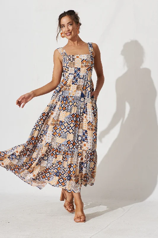 Your Chance to Save is Now!Izabel Maxi Sun Dress In Blue Tile Print