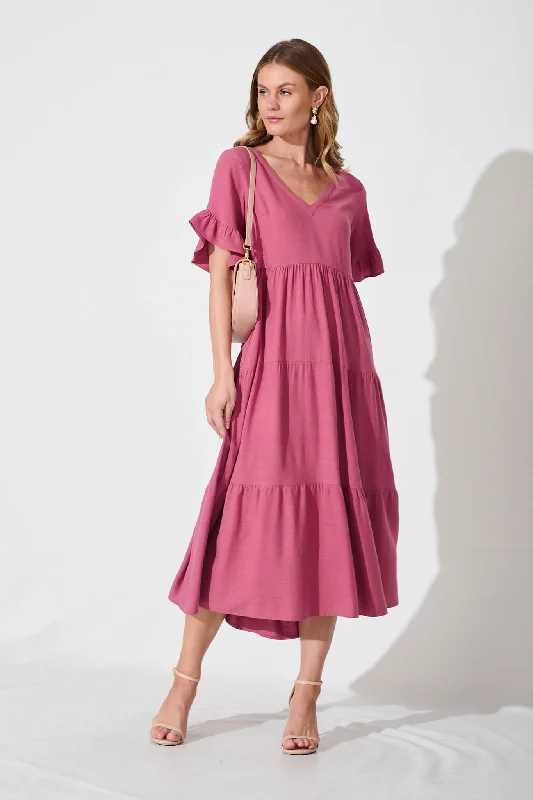 Today Only – Don’t Miss It!Kristen Midi Smock Dress In Deep Rose Linen Blend