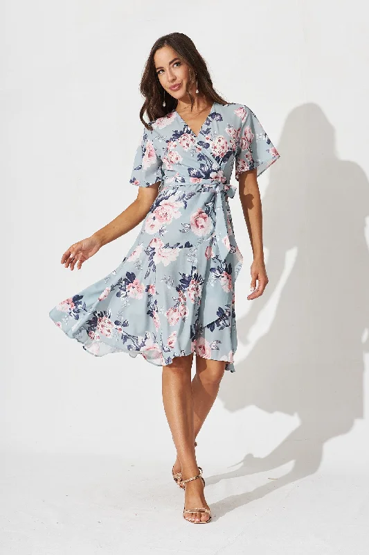Act Fast – Limited Time Savings!Lacey Wrap Dress In Blue With Pink Floral