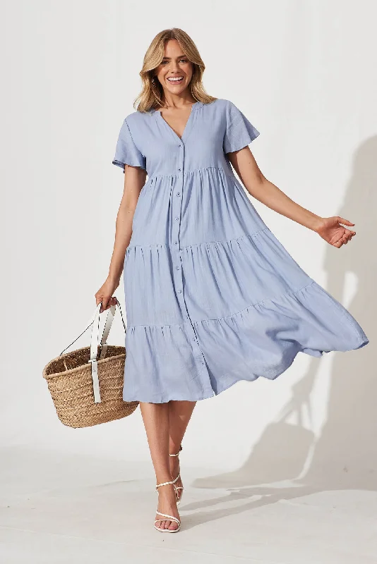 Get the Best for Less!Marvela Midi Shirt Dress In Sky Blue Linen Blend