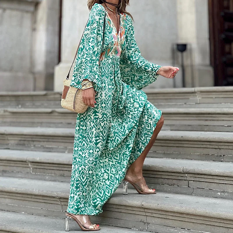 Don’t Wait – Deals Won’t Last!Mint Green V-neck Printed Dress with Puff Sleeve