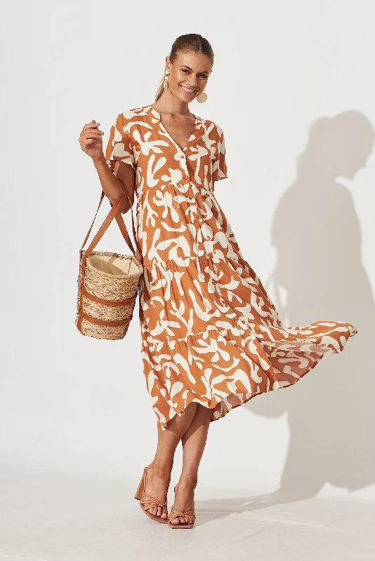 One Day Only – Huge Savings!Monaco Midi Dress In Tan With Cream Print