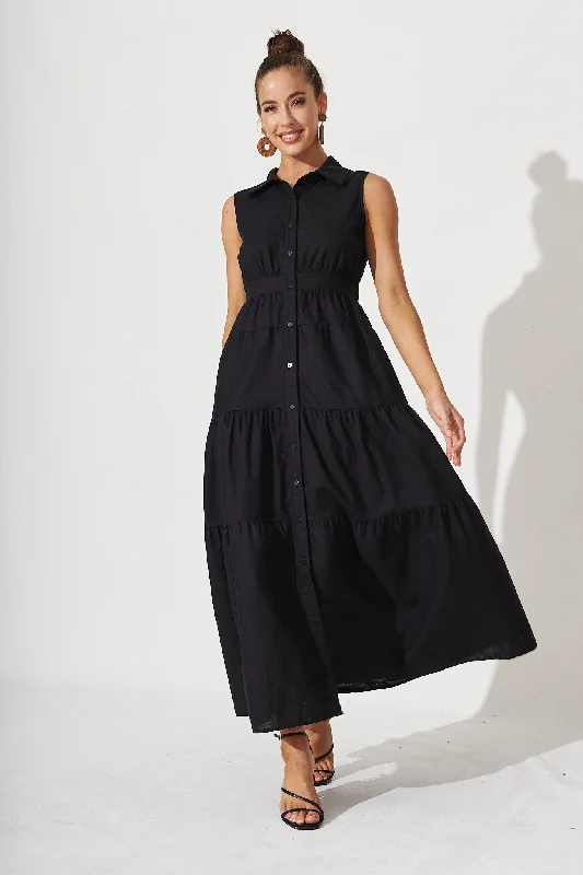Best Deals Just for You!Neva Maxi Shirt Dress In Black Linen Blend