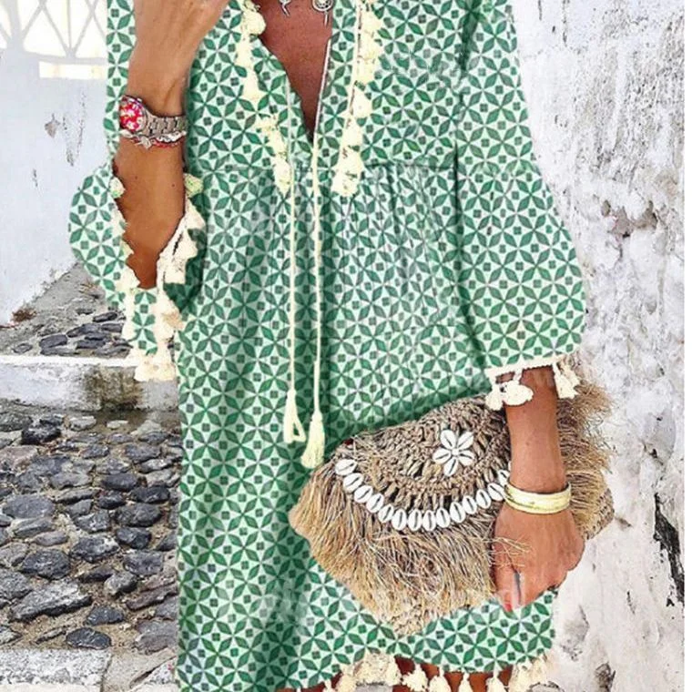 Massive Price Cuts!Sweet Hippie Style Tassel Ruffled V-Neck Dress