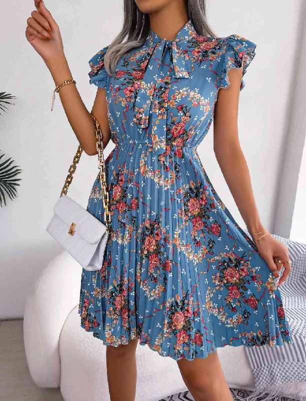 Seasonal Sale – Shop Now!Pleated Floral Printed Tie Neck Knee Length Dress