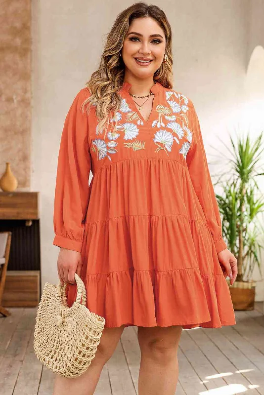 Your Chance to Save is Now!Plus Size Notched Neck Printed Long Sleeve Mini Dress