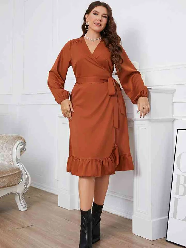 Grab Yours Before It’s Too Late!Plus Size Surplice Neck Tie Waist Dress