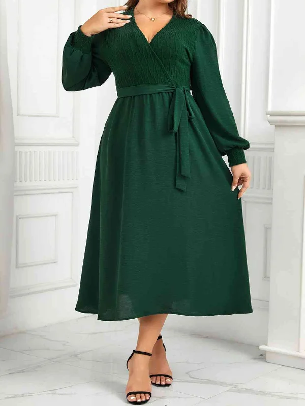 Everything Must Go!Plus Size Surplice Neck Tie Waist Long Sleeve Midi Dress