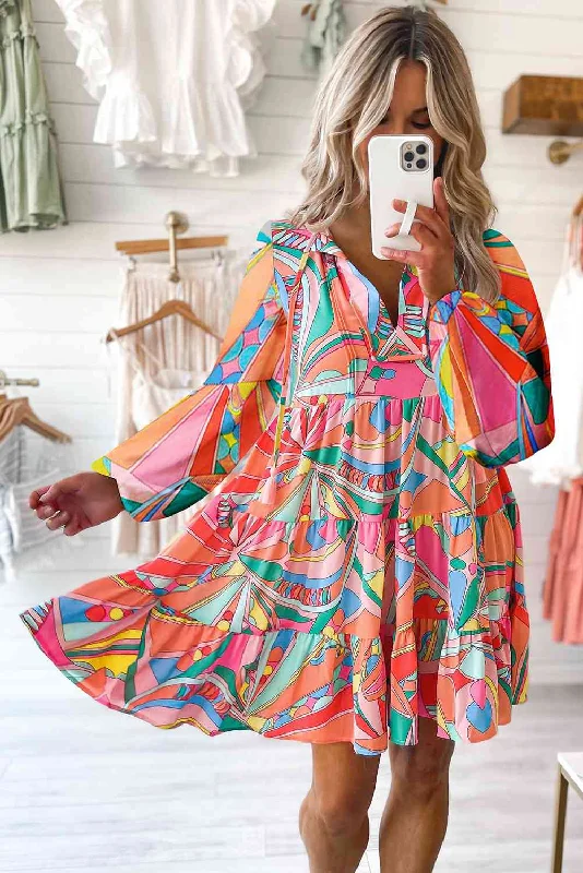 Buy More, Pay Less!Printed Long Sleeve Tie Neck Mini Dress