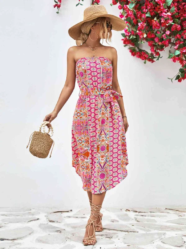 Unmissable Offers Await!Printed Strapless Tie Belt Dress