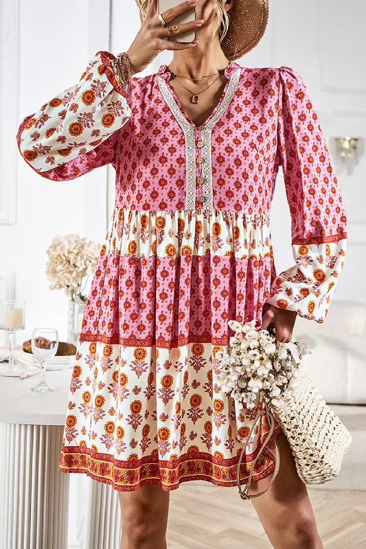Biggest Sale of the Season!Floral Breeze V-Neck Ruffle Dress w/ Long Sleeves
