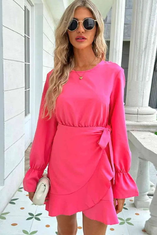 Mega Sale Happening Now!Round Neck Flounce Sleeve Ruffle Hem Mini Dress