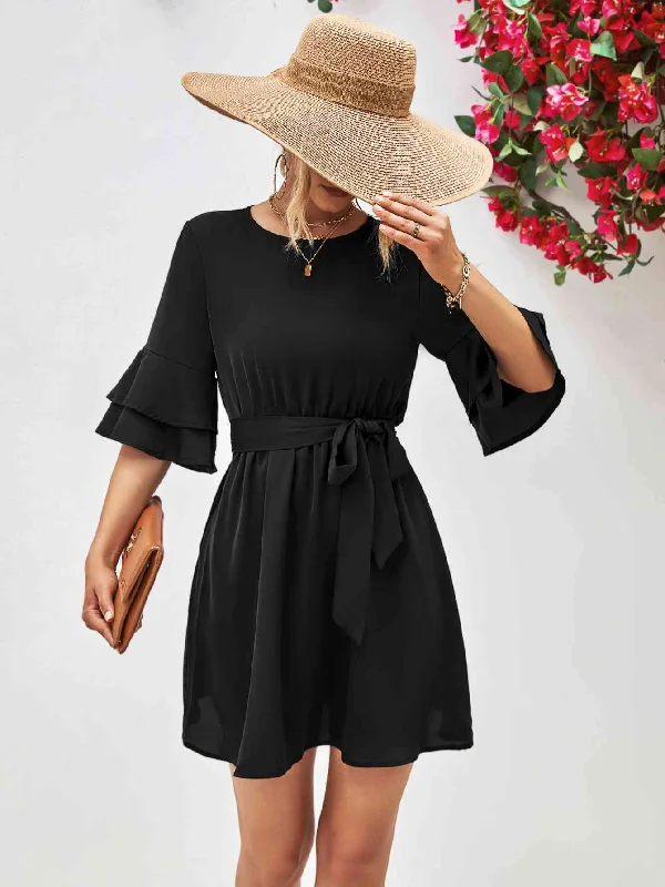 Your Best Deals Are Here!Round Neck Tie Belt Flounce Sleeve Dress
