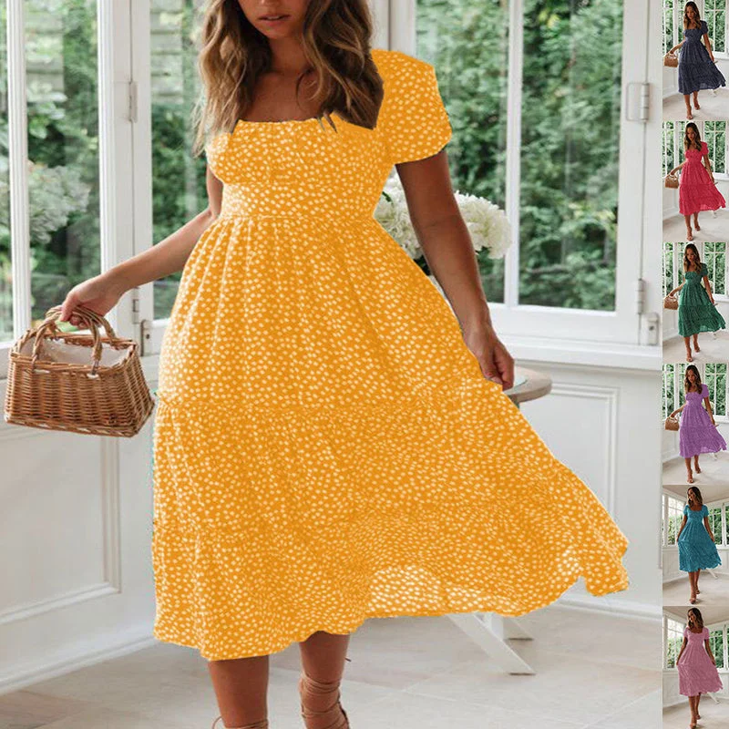 Stock Up and Save!Square Collar Short Sleeve Summer Floral Dress