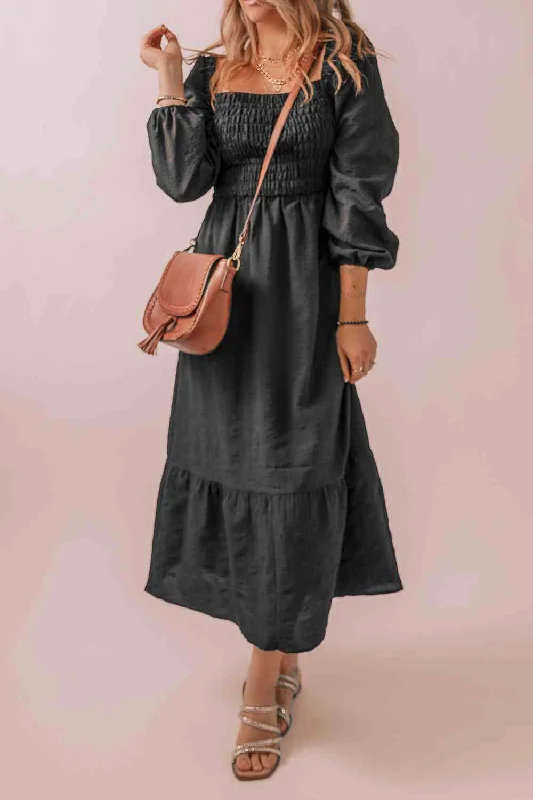 Price Drop Alert!Square Neck Smocked Long Sleeve Dress