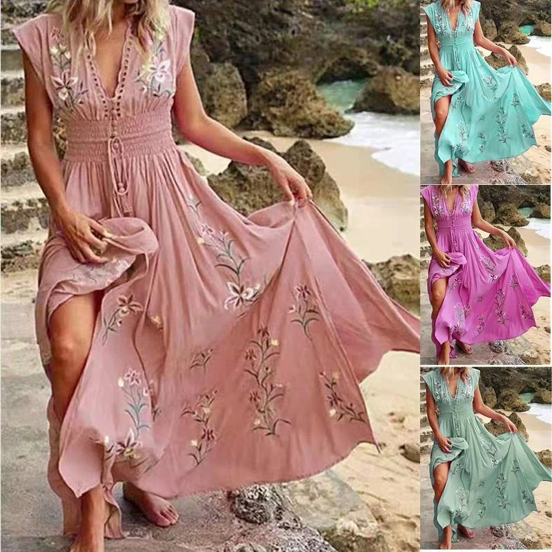 New Discounts Just Dropped!Summer Boho V-neck Fringed Loose Maxi Dress