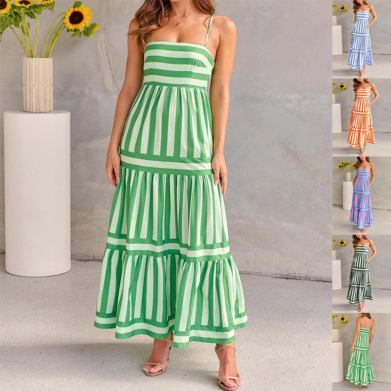 Save Like Never Before!Summer Striped Printed Square Neck  Long  Backless Dress With Pockets