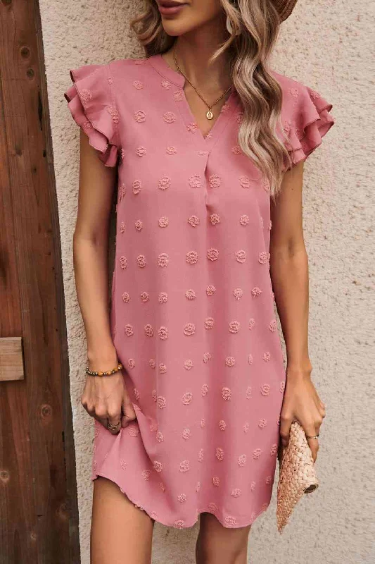 Price Drop Alert!Swiss Dot Notched Neck Flutter Sleeve Dress