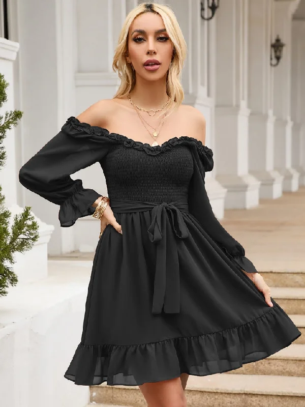 Best Deals Just for You!Tie Front Ruffle Hem Smocked Dress