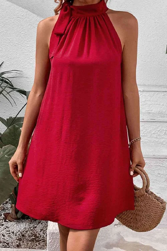 Save More Than Ever!Tied Mock Neck Sleeveless Dress