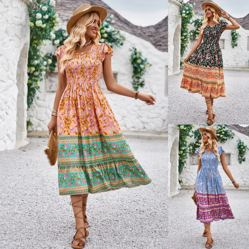 Incredible Savings Inside!Tropical Floral Ruffled Sleeve V-neck Dress