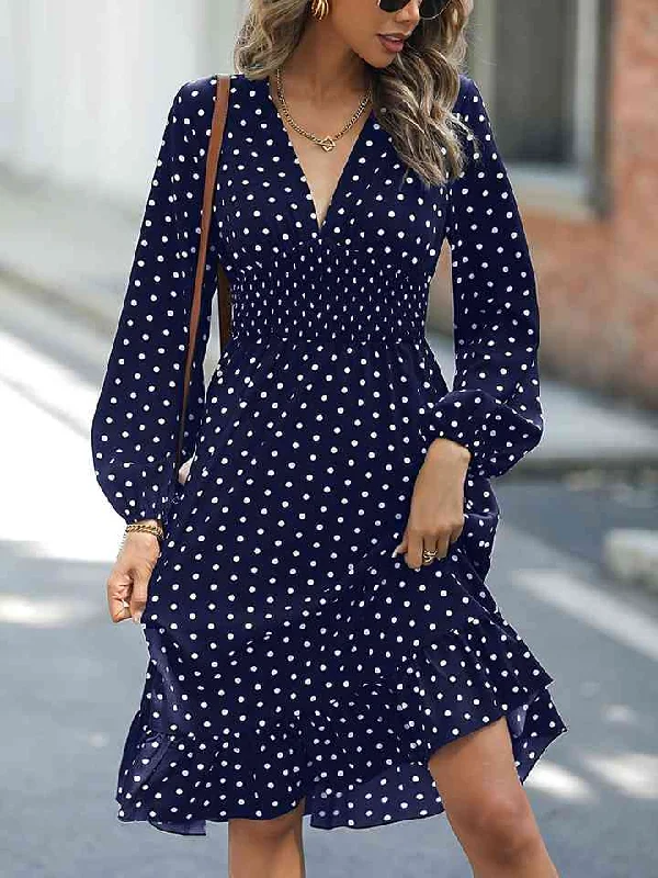 Find Your Perfect Deal Today!V-Neck Long Sleeve Ruffle Hem Dress