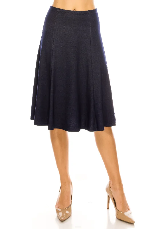 Hurry, Sale Ends Soon!Denim Knit Flared A-line Below The Knee Midi Skirt
