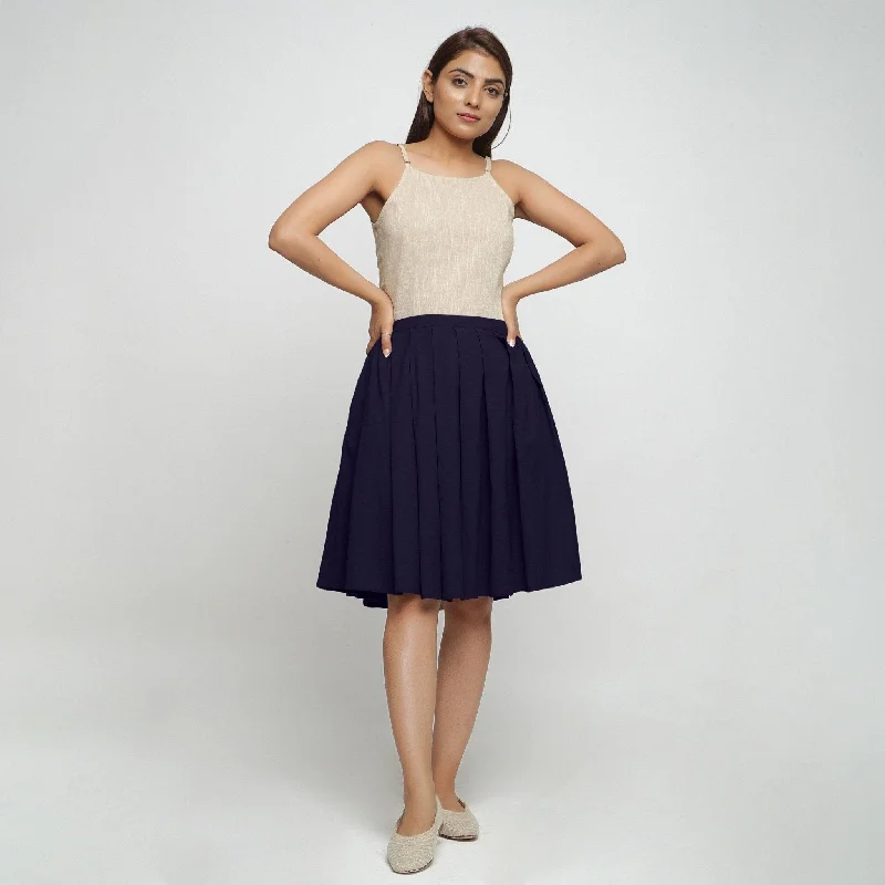 Save More Than Ever!Navy Blue Cotton Flax Pleated Knee Length Skirt