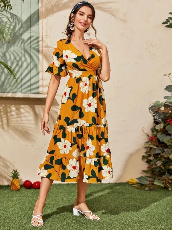 Incredible Savings Inside!KittenAlarm - Allover Floral Print Surplice Neck Ruffle Hem Dress