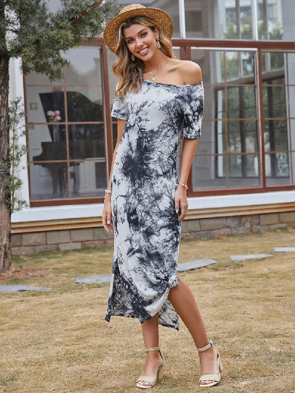 Stock Up and Save!KittenAlarm - Women's Mid-length A-line Skirt Off-the-shoulder Ink Print Dress
