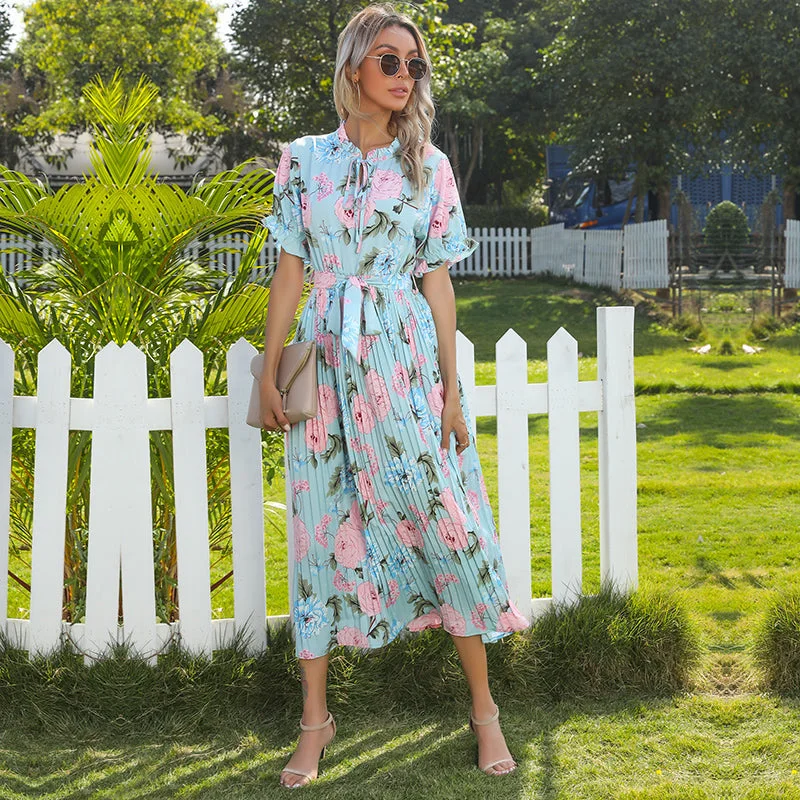 Snag the Best Prices Now!KittenAlarm - Floral Print Tie & Ruffle Neck Pleated A-line Dress