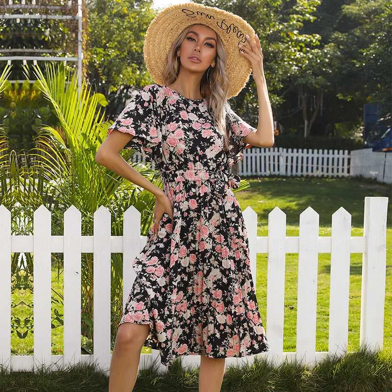 Your Shopping Wish, Our Discount Command!KittenAlarm - Allover Floral Butterfly Sleeve Belted Pleated Dress