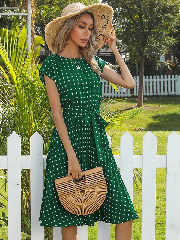 Flash Deals – Act Quickly!KittenAlarm - Polka Dot print Belted Pleated A-line Dress