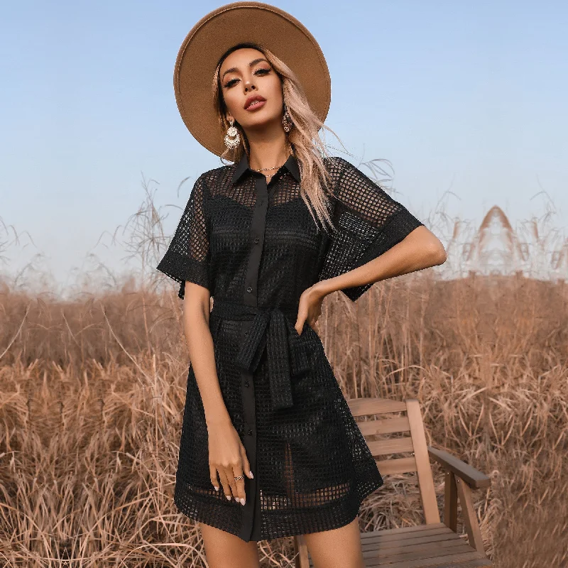 Find Your Perfect Deal Today!KittenAlarm - Fashion lace black solid color mesh see-through dress
