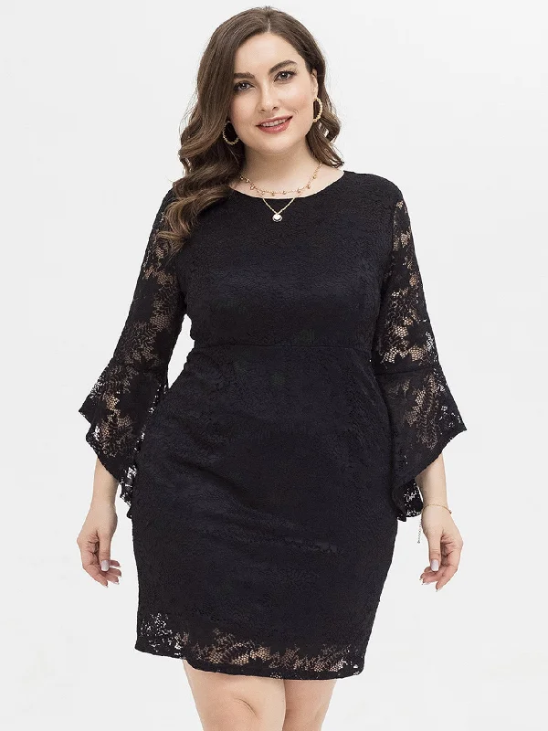 Your Shopping Spree Starts Here!KittenAlarm - PLUS SIZE FLOUNCE SLEEVE LACE OVERLAY DRESS