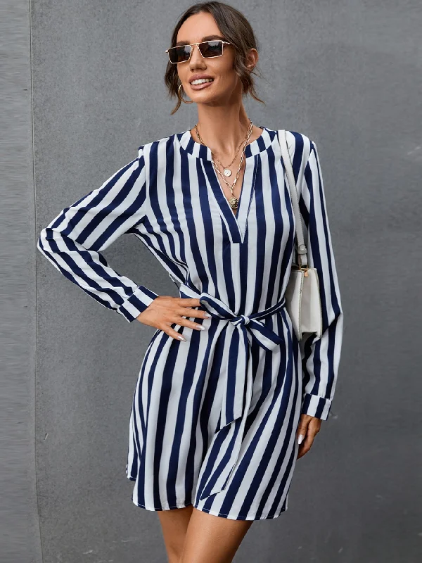Limited Stock Available!KittenAlarm - V Neck Striped Belted Dress