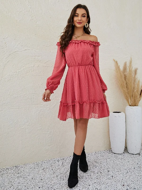 Shop More, Spend Less!KittenAlarm - Off Shoulder Ruffle Hem Chiffon Dress