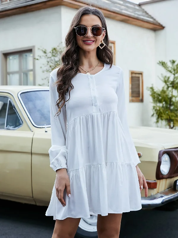 Hot Deals You Can’t Resist!KittenAlarm - Lantern Sleeve Button Front Ruffle Hem Dress