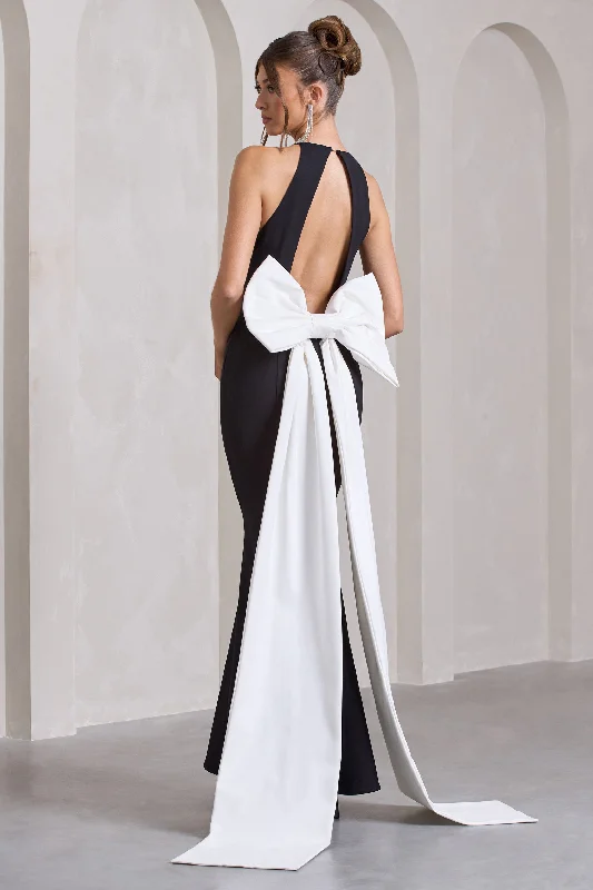 Act Fast – Limited Time Savings!Bestow | Black Open-Back Maxi Dress With Oversized White Bow