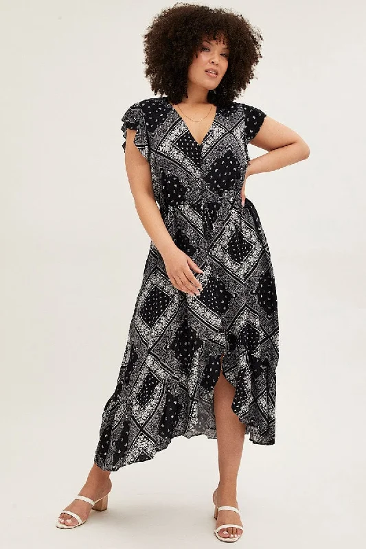 Unmissable Offers Await!Black Boho Maxi Dress Bandana Button Front High Low