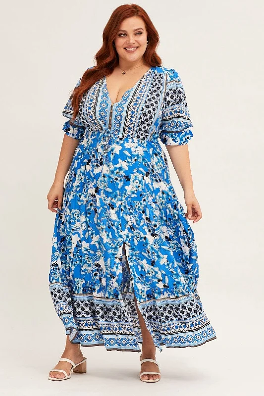 Your Dream Deal is Here!Boho Print Short Bubble Sleeve Boho Print Maxi Dress