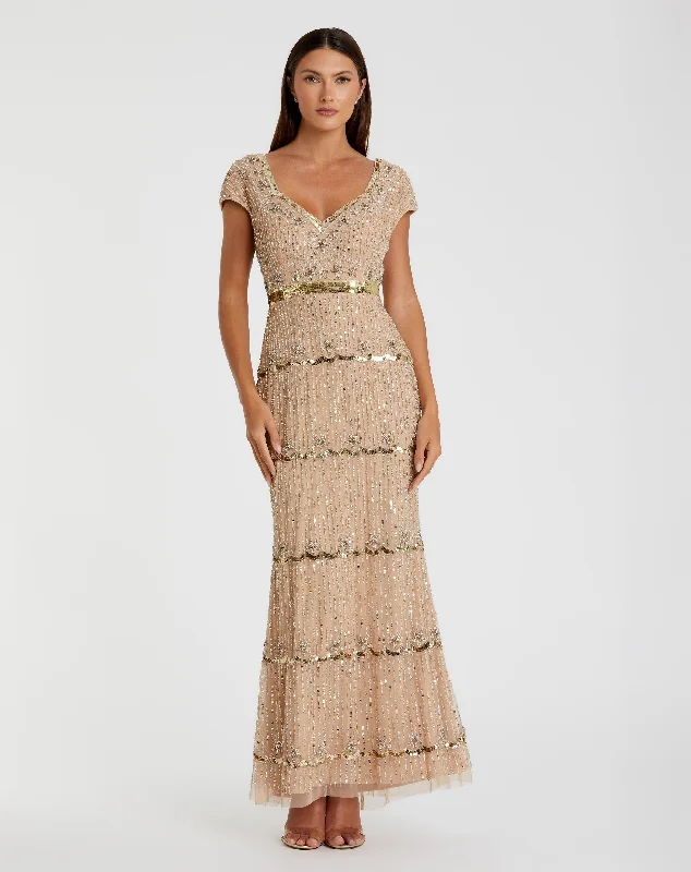 Score Huge Discounts Today!Cap Sleeve Sweetheart Neckline Beaded Sequin Column Gown