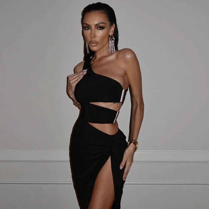 Get Ready to Save!Carmen One Shoulder Hollow Out Midi Dress