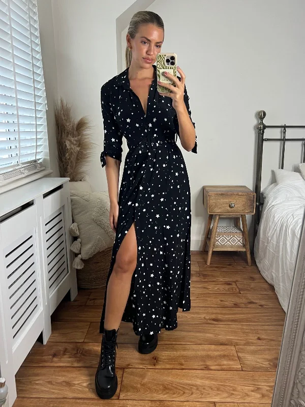 Get More, Spend Less – Shop Now!Daphne Belted Shirt Dress / Black and White Star Print