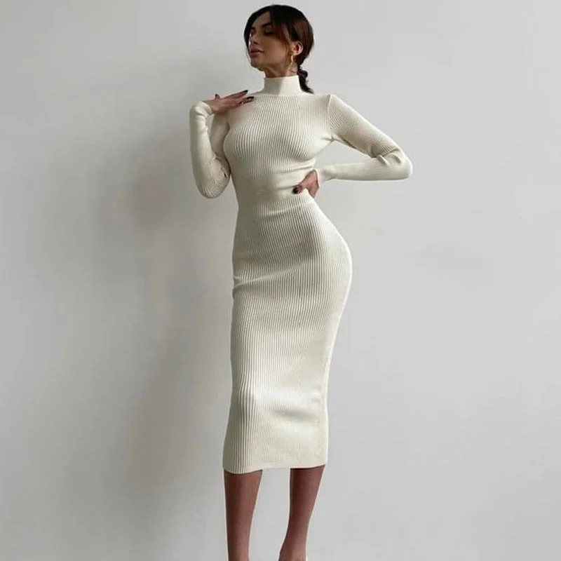 Save More Than Ever!Emma Long Sleeve High Neck Knitted Midi Dress